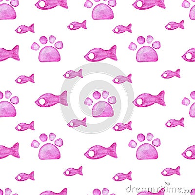 Paw cat watercolor pink fish featherless pattern on white background Stock Photo