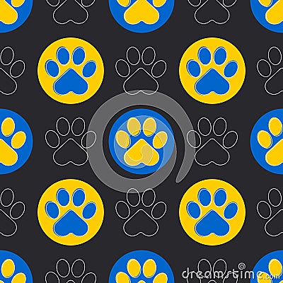 Paw of a cat or dog. Blue and yellow paws of animals on a black background. Cute seamless pattern. Vector Illustration