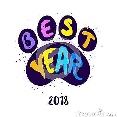 Paw of dog with lettering text Best Year. Vector color card Vector Illustration