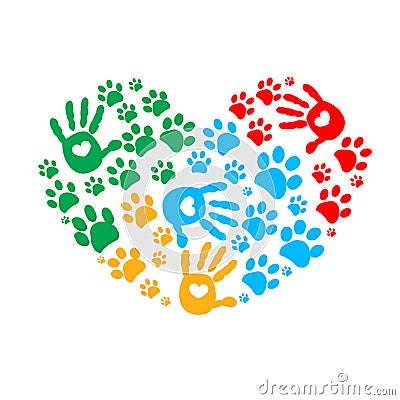 Paw in hands. Dog paw print made of colorful heart vector Vector Illustration