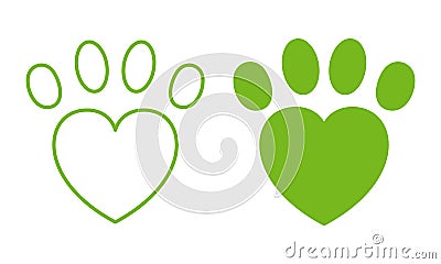 Paw Heart Animal Love Line and Silhouette Icon. Pet, Dog, Cat Footprint Pictogram Set. Foot Print Puppy Shape Sign. Cute Vector Illustration