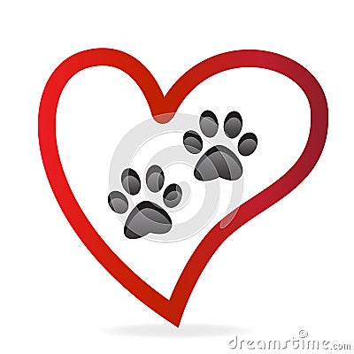 Paw pet inside of love heart logo vector icon.Paw prints pair Vector Illustration