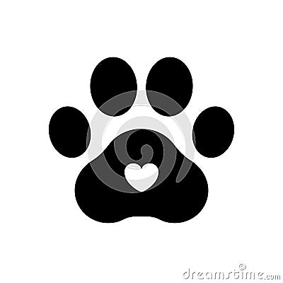 Paw print. Dog or cat vector, icon. Footprint pet. Foot puppy isolated on white background. Black silhouette paw. Cute shape paw p Vector Illustration