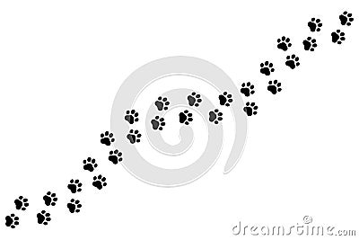 Paw print. Footprints for pets, dog or cat. Pet prints pattern. Foot puppy. Black silhouette shape paw. Footprint pet. Animal trac Vector Illustration