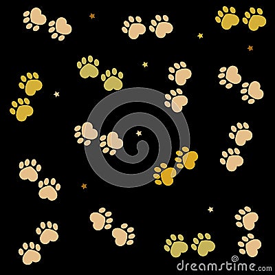 Paw print made of hearts made of golden colors. Valentine`s day black background Vector Illustration