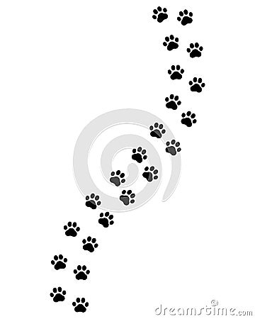 Paw prints. Footprints for pets, dog or cat. Pet print pattern. Foot puppy. Black silhouette shape paw. Footprint pet. Animal trac Vector Illustration