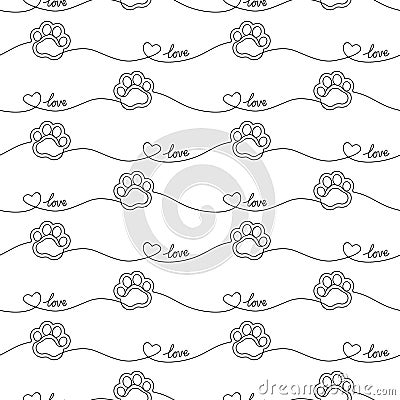 Paw seamless pattern. Repeating cute pet dog or cat background. Repeated modern footprint design for prints. Sample texture black Vector Illustration