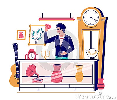 Pawn shop display counter, pawnbroker, jeweller looking at luxury diamond, vector illustration. Vector Illustration