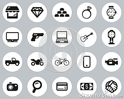 Pawn Shop Or Thrift Store Icons Black & White Flat Design Circle Set Big Vector Illustration