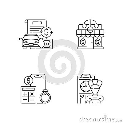 Pawnbroker shop linear icons set Cartoon Illustration