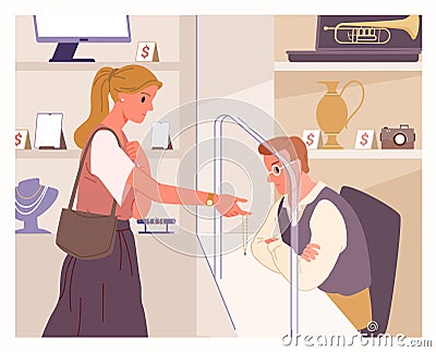Pawnshop service, jewelry appraisal, girl holding gold chain jewel to sell to pawnbroker Vector Illustration