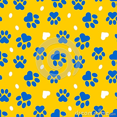 Paws of a cat, dog, puppy. Seamless cute pattern of animal footprints for textile. Blue and yellow colors. Vector Illustration