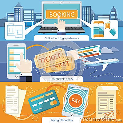 Pay Bills, Online Booking Apartments, Order Ticket Vector Illustration