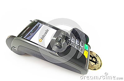 Pay with bitcoin , Payment machine POS terminal Editorial Stock Photo