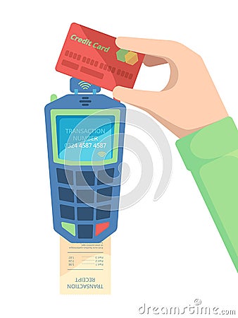 Pay card terminal. Hand holding debit card with nfc module money transfer payment machine for easy checkout vector Vector Illustration