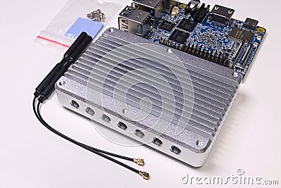 Pay mini computer with a processor and interface connectors. Min Stock Photo