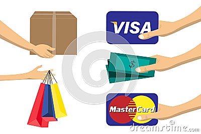 Pay for the package order shopping online. Payment by cash for express delivery Vector Illustration