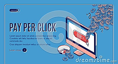 Pay per click isometric landing page. Ppc strategy Vector Illustration