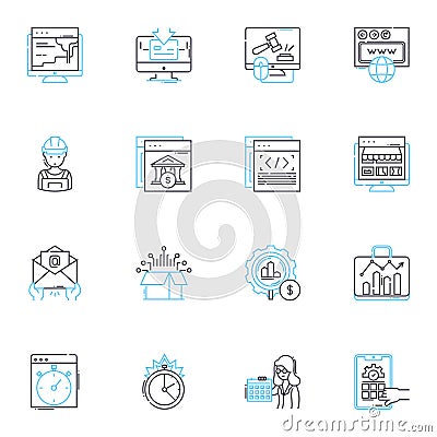 Pay per click linear icons set. AdWords, Bidding, Click-through-rate, Conversion, Cost-per-click, Campaign, Keywords Vector Illustration