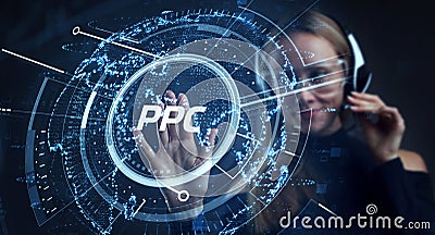 Pay per click payment technology digital marketing internet concept of virtual screen. PPC Stock Photo