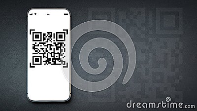 Pay qr code. Mobile smartphone screen for payment, online pay, scan barcode with qr code scanner on digital smart phone on dark Stock Photo