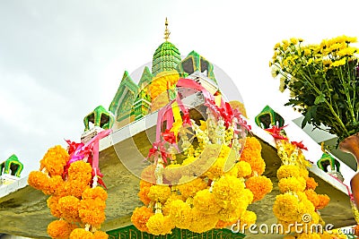 Pay respect Shrine and traditional offering in Thailand ,food,fruit Stock Photo