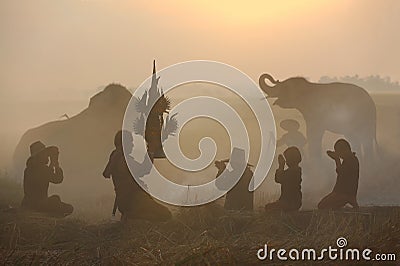 Pay respect to the shrine. Elephant mahout portrait. The Kuy Kui People of Thailand. Stock Photo