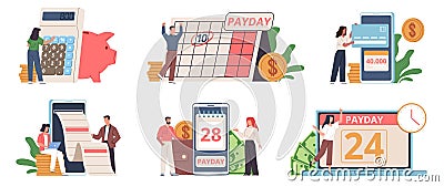 Payday people. Paycheck happy day, employees rejoice, calendar date, loans repayment and debts, investment income, tax Vector Illustration