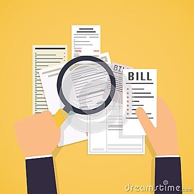 Paying bills. Hands holding bills and magnifying glass. Payment Vector Illustration