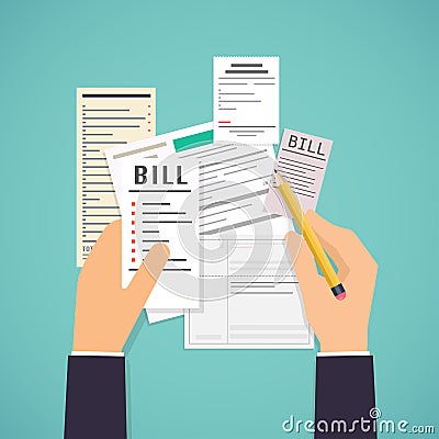 Paying bills. Hands holding bills and pencil. Payment of utility Vector Illustration