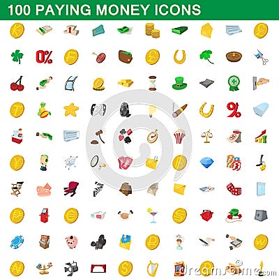 100 paying money icons set, cartoon style Vector Illustration