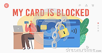 Payment Block during Online Shopping Landing Page Template. Tiny Female Character at Huge Blocked Credit Card with Lock Vector Illustration