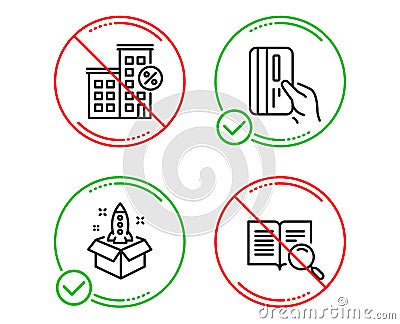 Payment card, Loan house and Startup icons set. Search text sign. Credit card, Discount percent, Innovation. Vector Vector Illustration