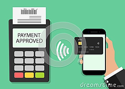 Payment from card in phone on pos terminal. Contactless transaction from mobile. Icon for paypass, nfc pay from credit card in Vector Illustration