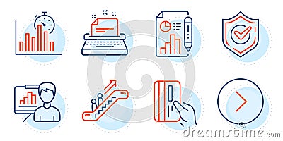 Payment card, Report timer and Forward icons set. Presentation board, Typewriter and Escalator signs. Vector Vector Illustration