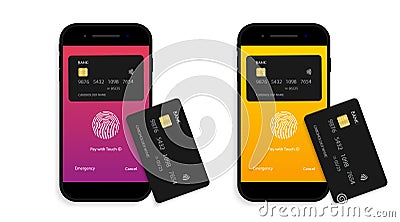 Payment for credit card from phone. Mobile nfc icon. Contactless pay from cellphone. Receive and processing online transfer. Vector Illustration