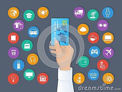 Payment by credit card. System of cashless payments. Hand holds a credit card and set of services and goods icons. Vector Illustration