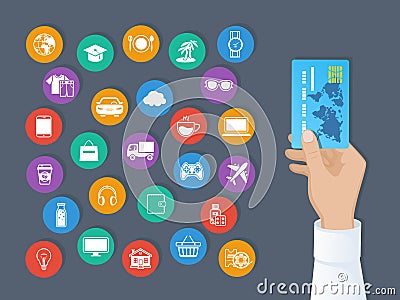 Payment by credit card. System of cashless payments for services and goods. Hand holds a credit card and set of service icons. Vector Illustration