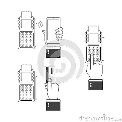 Payment icon set. Human hands holding credit cards, smartphone, paying with POS. Line icons flat style . Stock Photo