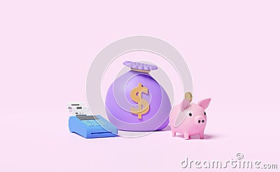 Payment machine or pos terminal with electronic bill payment,piggy bank,invoice or paper check receipt,money bag isolated on pink Cartoon Illustration