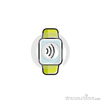 Payment made through watch. NFC payments in a flat style. Pay or making a purchase contactless or wireless manner Stock Photo