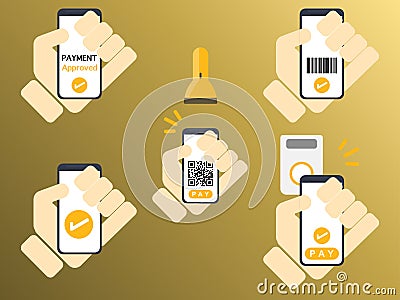 Payment methods, check, coins, bills, wallet, payment by cell phone, transfer, bank terminal Stock Photo