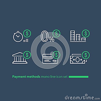 Buy in credit concept, payment installment plan, zero fee offer, line icons Vector Illustration