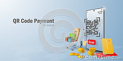 Payment on mobile comcept, QR code scanning on mobile making payment and verification Vector Illustration