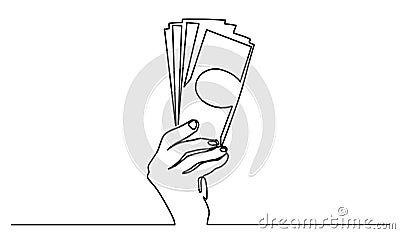 Payment with money, buying or purchase of goods. continuous line. continuous line drawing of hand giving money banknotes Vector Illustration