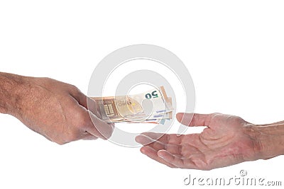 Payment and money exchange concept: two man`hands, one giving and one receiving money bills Euro currency isolated on white backg Stock Photo