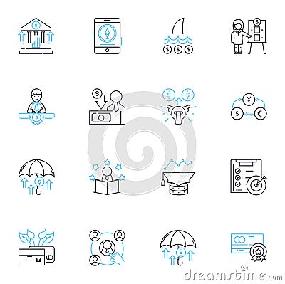 Payment proceeds linear icons set. Transactions, Remittance, Disbursement, Remuneration, Compensation, Reimbursement Vector Illustration