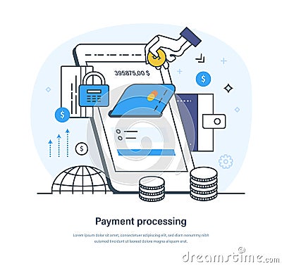 Payment processing, online money transfer, security financial transaction Vector Illustration