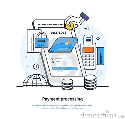 Payment processing, online money transfer, security financial transaction Vector Illustration