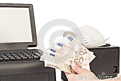 Payment for purchases in the store by cash. Close up. Rackmount Stock Photo